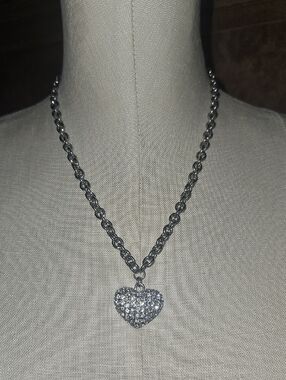 Guess Silver-Tone Pave Crystal Heart Necklace 16" To 19" Length